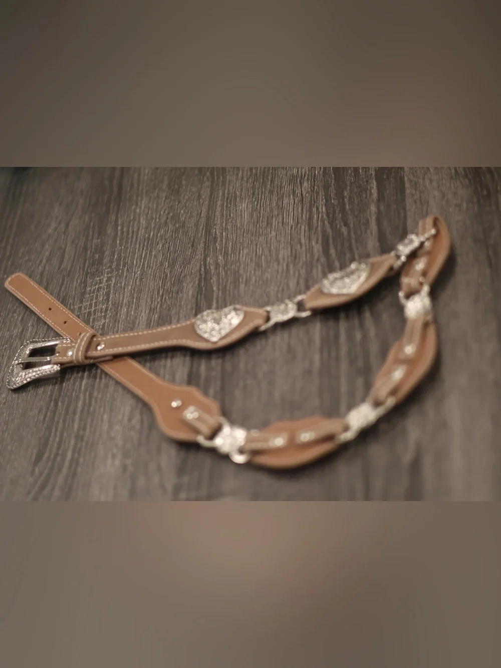 Western Concho Heart Belt Brown Faux Leather Silver Engraved Buckle Boho Cowgirl